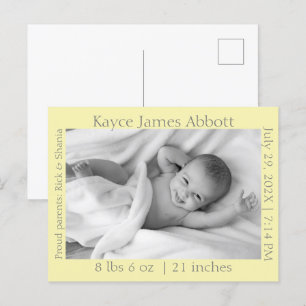 Modern Grey on Pastel Yellow Baby Announcement  Postcard