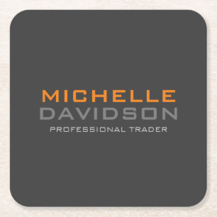 Modern Grey Orange Bold Text Minimalist Name Square Paper Coaster