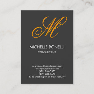 Modern grey orange script monogram business card