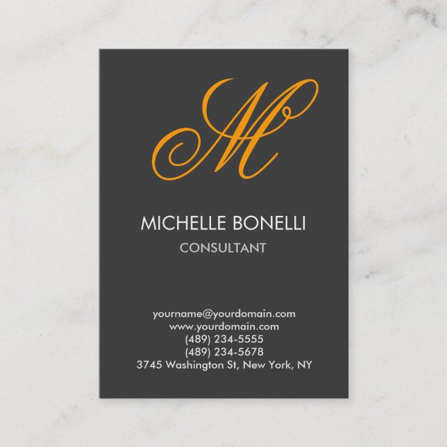 Modern grey orange script monogram business card (Front)