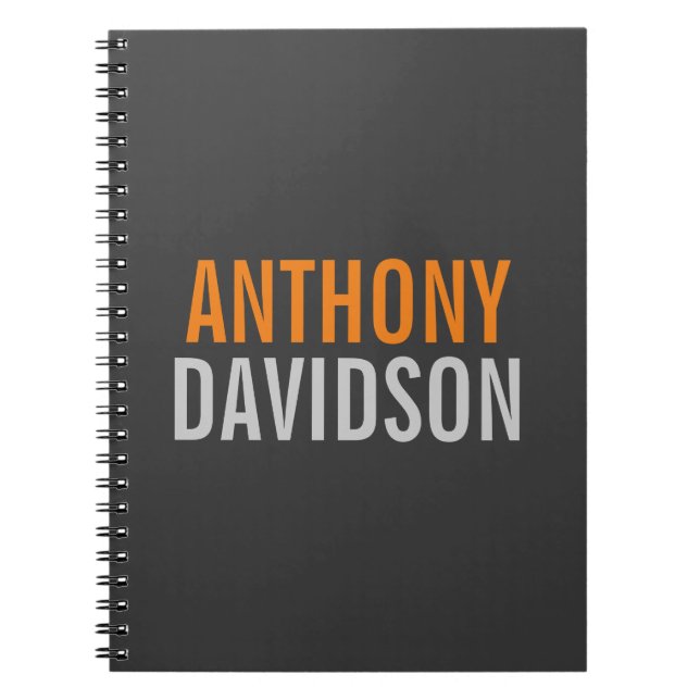 Modern Grey Orange Text Minimalist Elegant Name Notebook (Front)