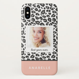 Modern grey & peach leopard print vintage photo Case-Mate iPhone case