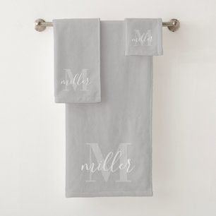 Modern Grey Personalised Family Name Monogram Bath Towel Set