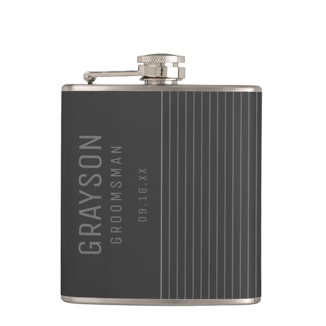 Modern Grey Pin Stripes Personalised Groomsman Hip Flask (Front)