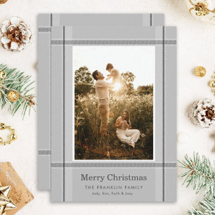 Modern Grey Plaid Photo Christmas Holiday Card