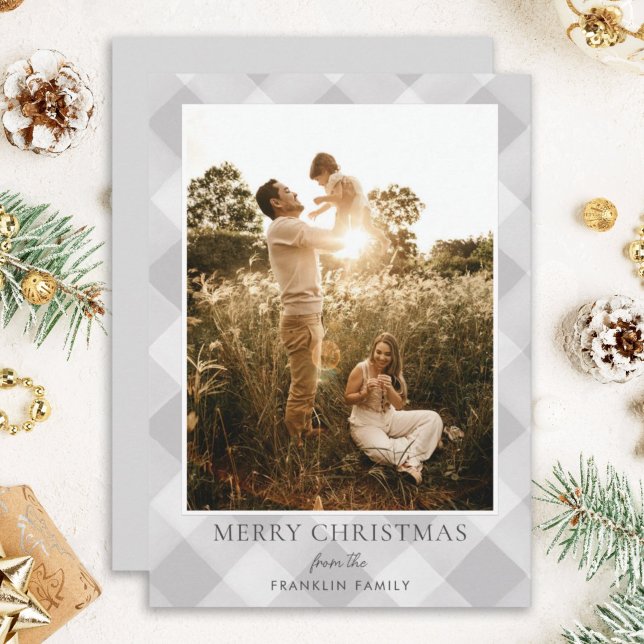 Modern Grey Plaid Photo Christmas Holiday Card (Creator Uploaded)