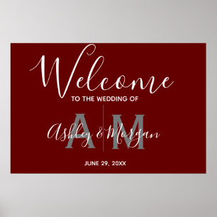 Modern Grey & Red Couples Monogram Wedding Welcome Poster