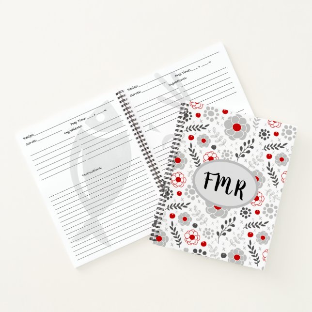 Modern Grey Red Floral Monogram Recipe Notebook (Inside)
