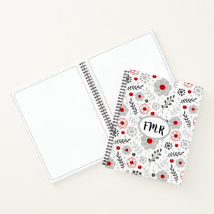 Modern Grey Red Floral Monogram Sketch Notebook