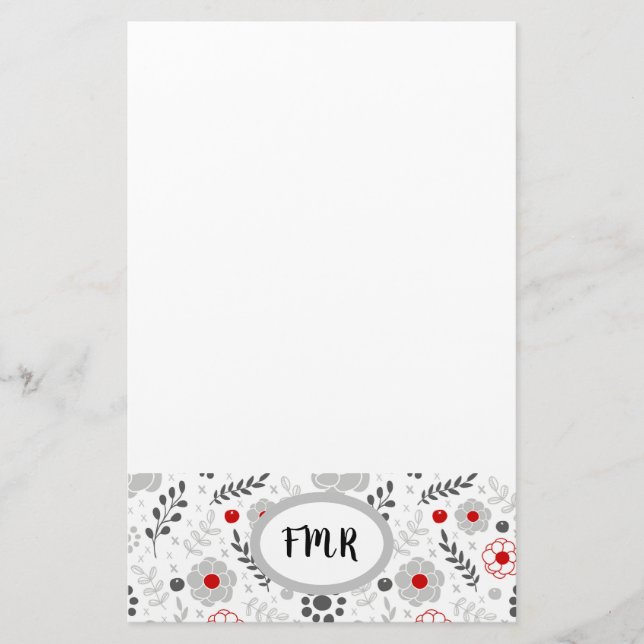Modern Grey Red Floral Monogram Stationery (Front)