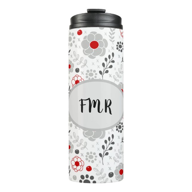 Modern Grey Red Floral Monogram Thermal Tumbler (Front)