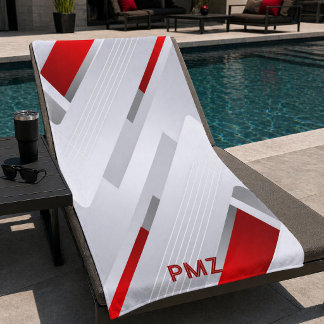 Modern Grey Red Geometric Monogram Beach Towel