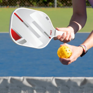 Modern Grey Red Geometric Monogram Pickleball Paddle