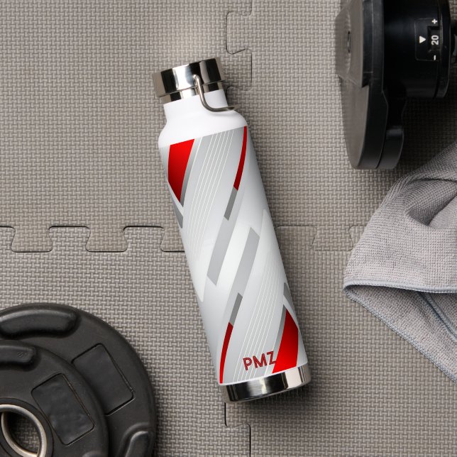 Modern Grey Red Geometric Monogram  Water Bottle (Gym (Rotated))