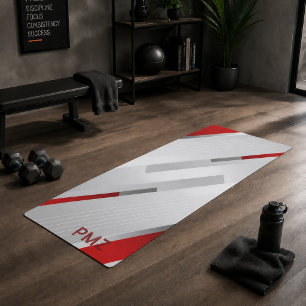 Modern Grey Red Geometric Monogram Yoga Mat