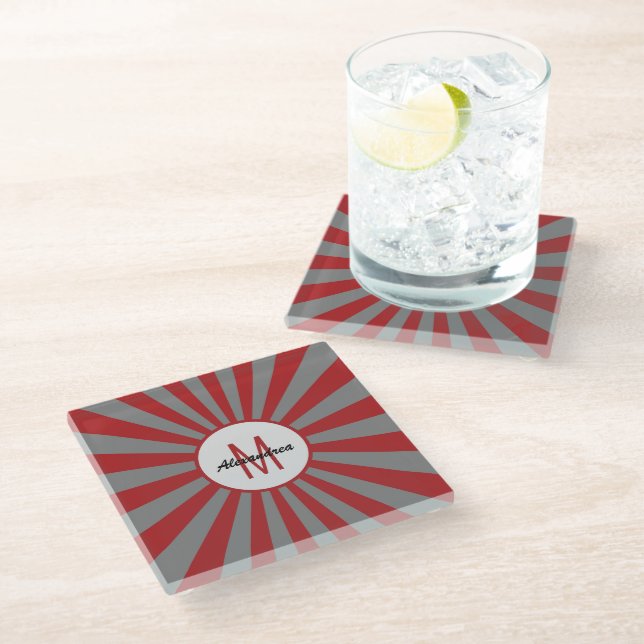 Modern Grey Red Initial Monogram Glass Coaster (Angled)