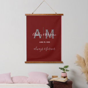 Modern Grey & Red  Monogram Wedding   Hanging Tapestry