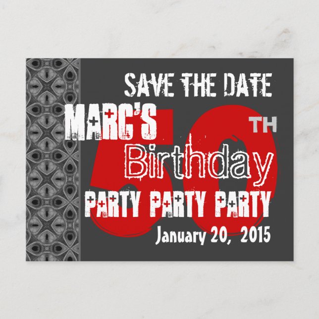 Modern Grey Red Save the Date 50th Birthday 45W Announcement Postcard (Front)