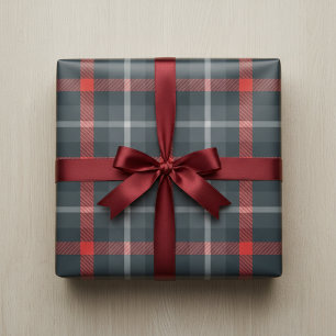 Modern Grey & Red Tartan: Sleek Plaid  Wrapping Paper