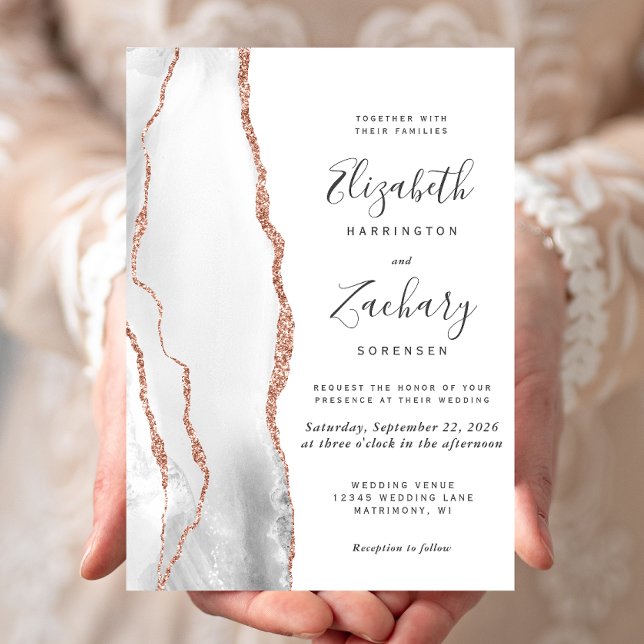 Modern Grey Rose Gold Agate Wedding Invitation (Creator Uploaded)