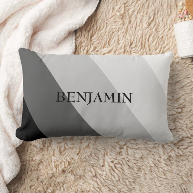 Modern Grey Scale Stripes Monogram Lumbar Cushion (Blanket)