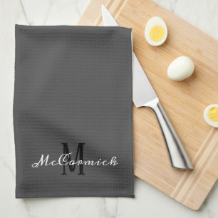 Modern Grey Script Monogram Personalised Name Tea Towel