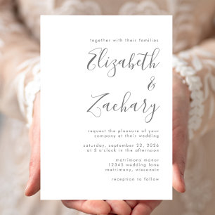Modern Grey Script White Wedding Invitation