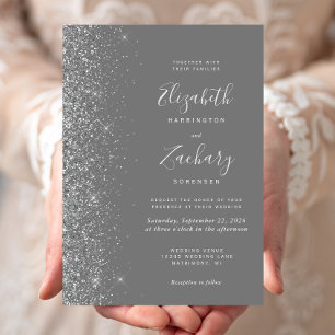Modern Grey Silver Glitter Edge Wedding Invitation