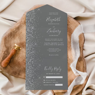 Modern Grey Silver Glitter Wedding All In One Invitation