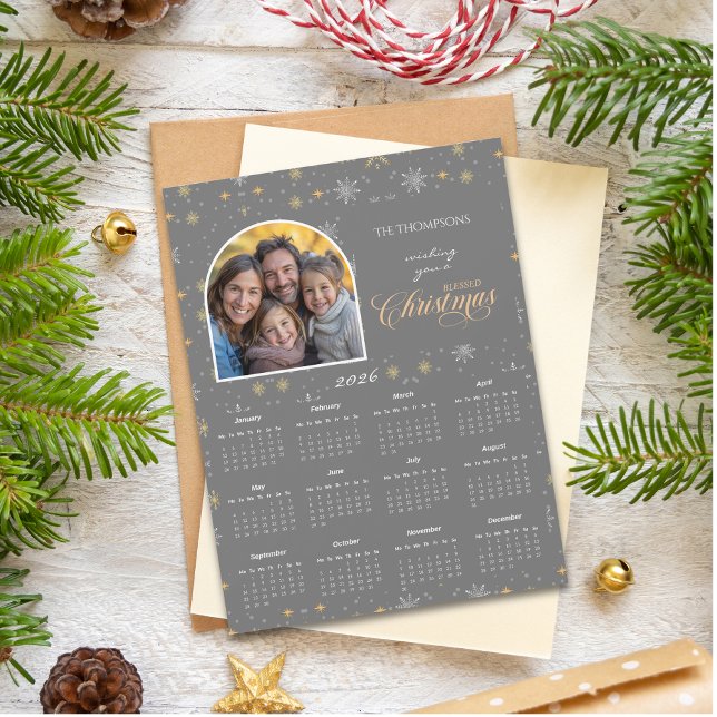 Modern Grey Snowflake Photo 2026 Calendar Card (Creator Uploaded)