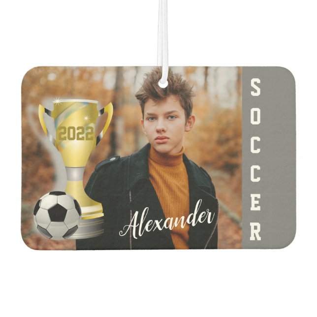 Modern Grey Soccer Sports Photo & Name For Him  Car Air Freshener (Front)