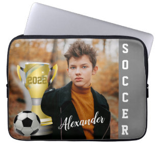 Modern Grey Soccer Sports Photo & Name for him Laptop Sleeve