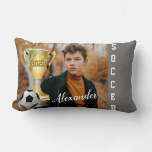 Modern Grey Soccer Sports Photo & Name for him Lumbar Cushion