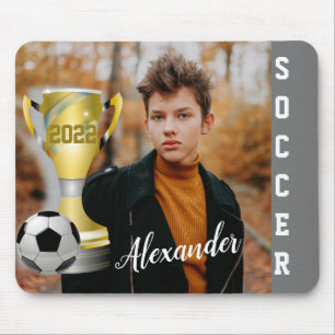 Modern Grey Soccer Sports Photo & Name for him Mouse Pad