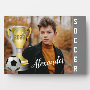 Modern Grey Soccer Sports Photo & Name for him Plaque