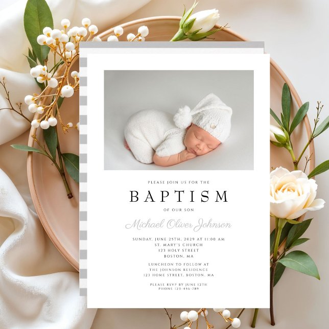 Modern Grey Stripes Boy Baptism Photo Invitation (Modern Gray Stripes Boy Baptism Photo Invitation)