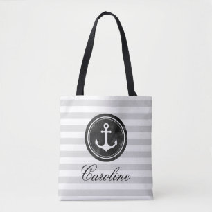 Modern Grey Stripes Nautical Anchor Tote Bag
