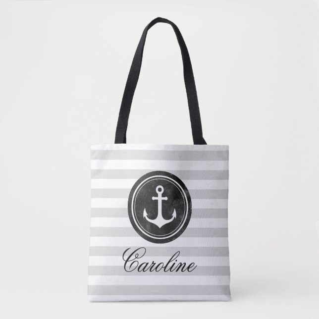 Modern  Grey Stripes Nautical Anchor Tote Bag (Front)