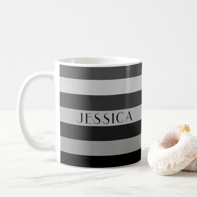 Modern Grey Stripes Pattern Name Coffee Mug (With Donut)