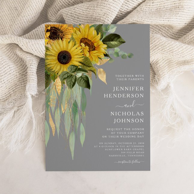 Modern Grey Sunflowers Wedding Invitation (Modern Gray Sunflowers Wedding Invitation)