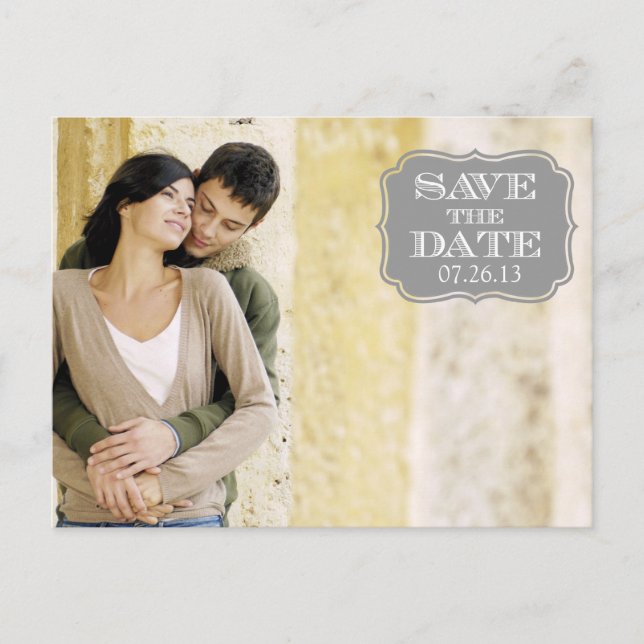 Modern Grey Swirl Label Save the Date Photo Card (Front)