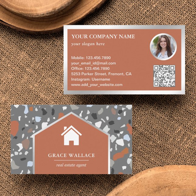 Modern Grey Terrazzo Real Estate Photo QR Code Business Card (Creator Uploaded)