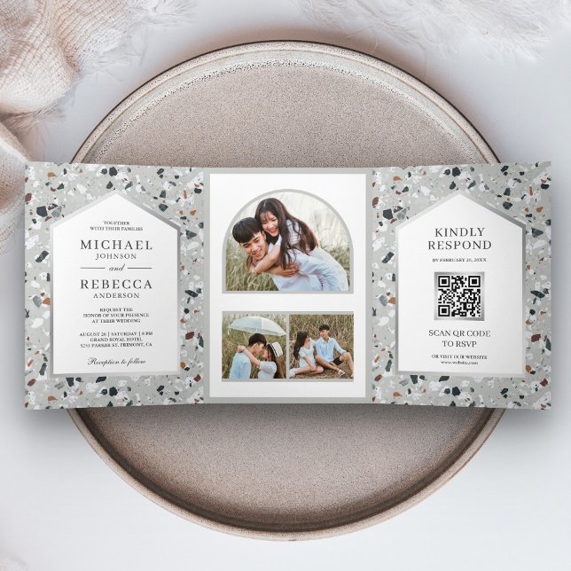 Modern Grey Terrazzo Tile Photo QR Code Wedding Tri-Fold Invitation (Creator Uploaded)