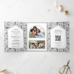 Modern Grey Terrazzo Tile Photo QR Code Wedding Tri-Fold Invitation