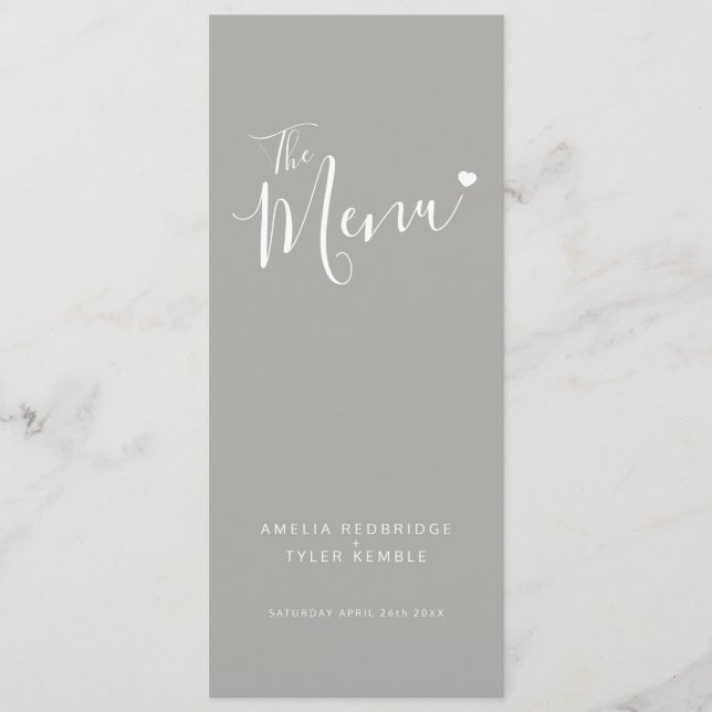 Modern grey text white heart simple wedding menu (Front)