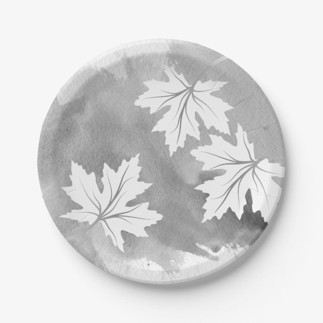 Modern grey watercolor and maple leaves paper plate (Front)