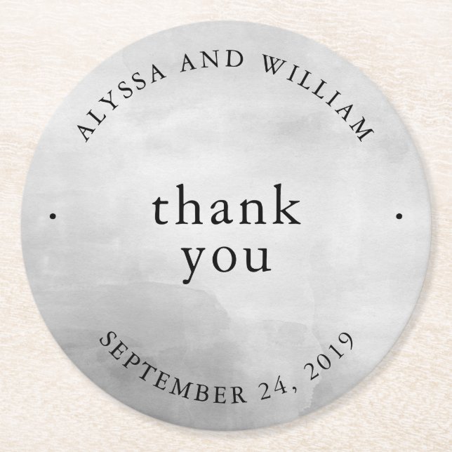 Modern Grey Watercolor Wedding Round Paper Coaster (Front)