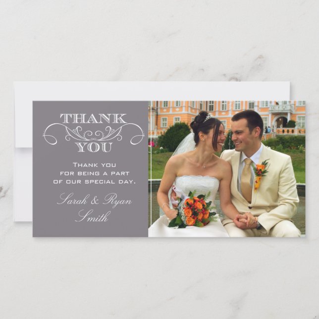Modern Grey Wedding Photo Thank You Cards (Front)