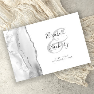 Modern Grey White Agate Silver Script Guest Book