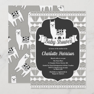 Modern Grey & White Aztec Llamas Baby Shower Invitation